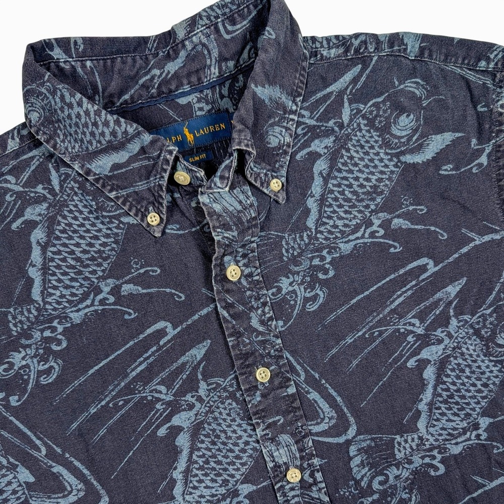 Ralph Lauren Shirt Mens XL Blue Koi Fish Print Slim Fit‎ SS Button Down Cotton